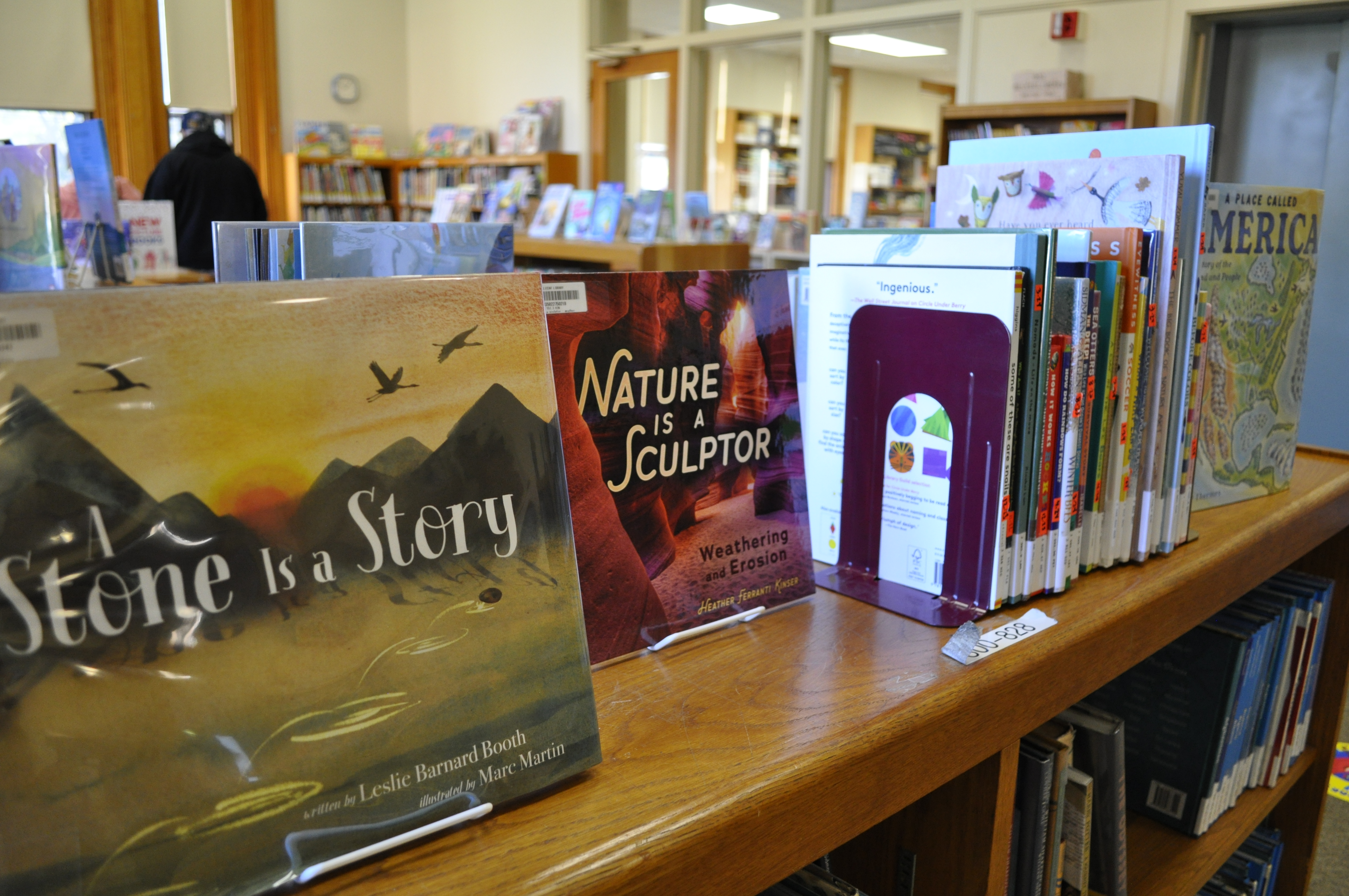 View of the Children's Room, showing books displayed on a shelf. 