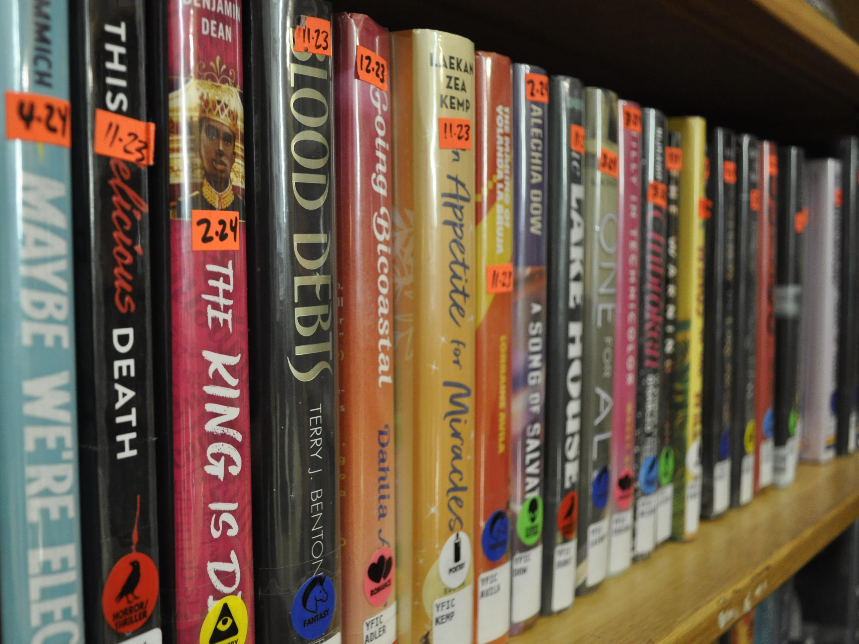 New fiction books on a book shelf, spines facing out.