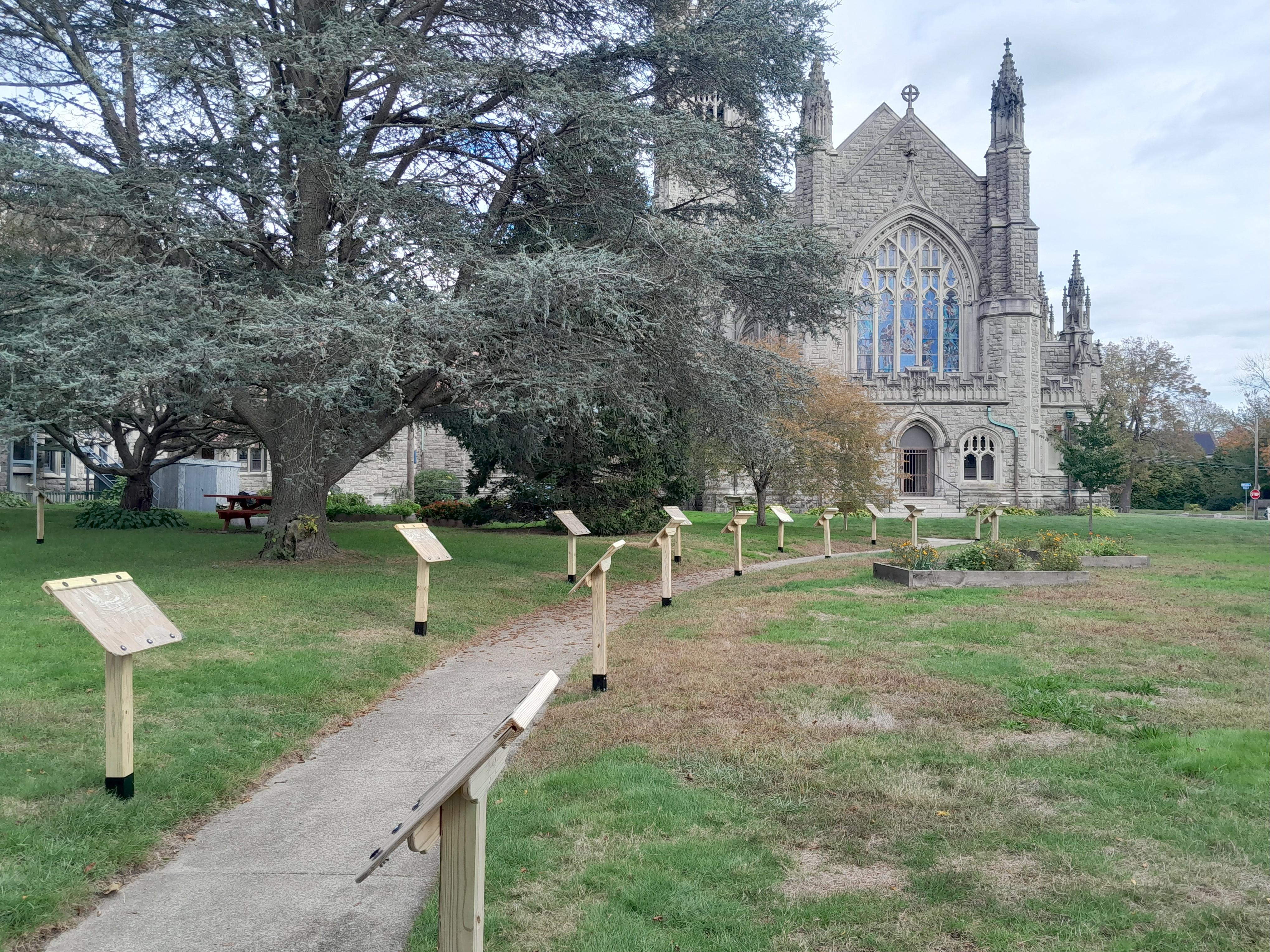Image of story walk boards at Unitarian Church in Fairhaven